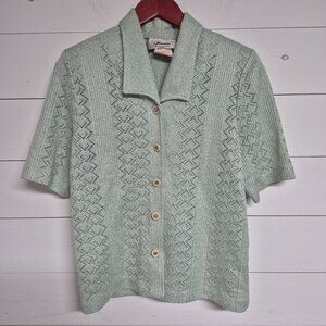 Vintage Florentine Womens Knit Cardigan Sz 10 Mint Green Short Sleeve Button-Up